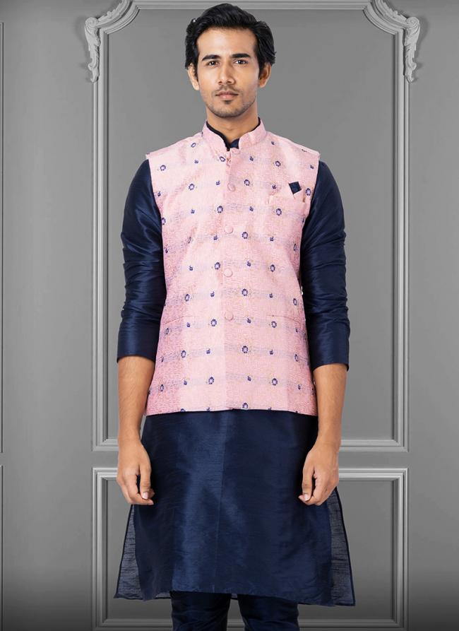 Jacquard Silk Baby Pink Festival Wear Embroidery Work Readymade Men's Waistcoat